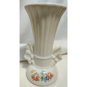 Vintage Ceramic White & Flowers Bow Handle Vase 6"